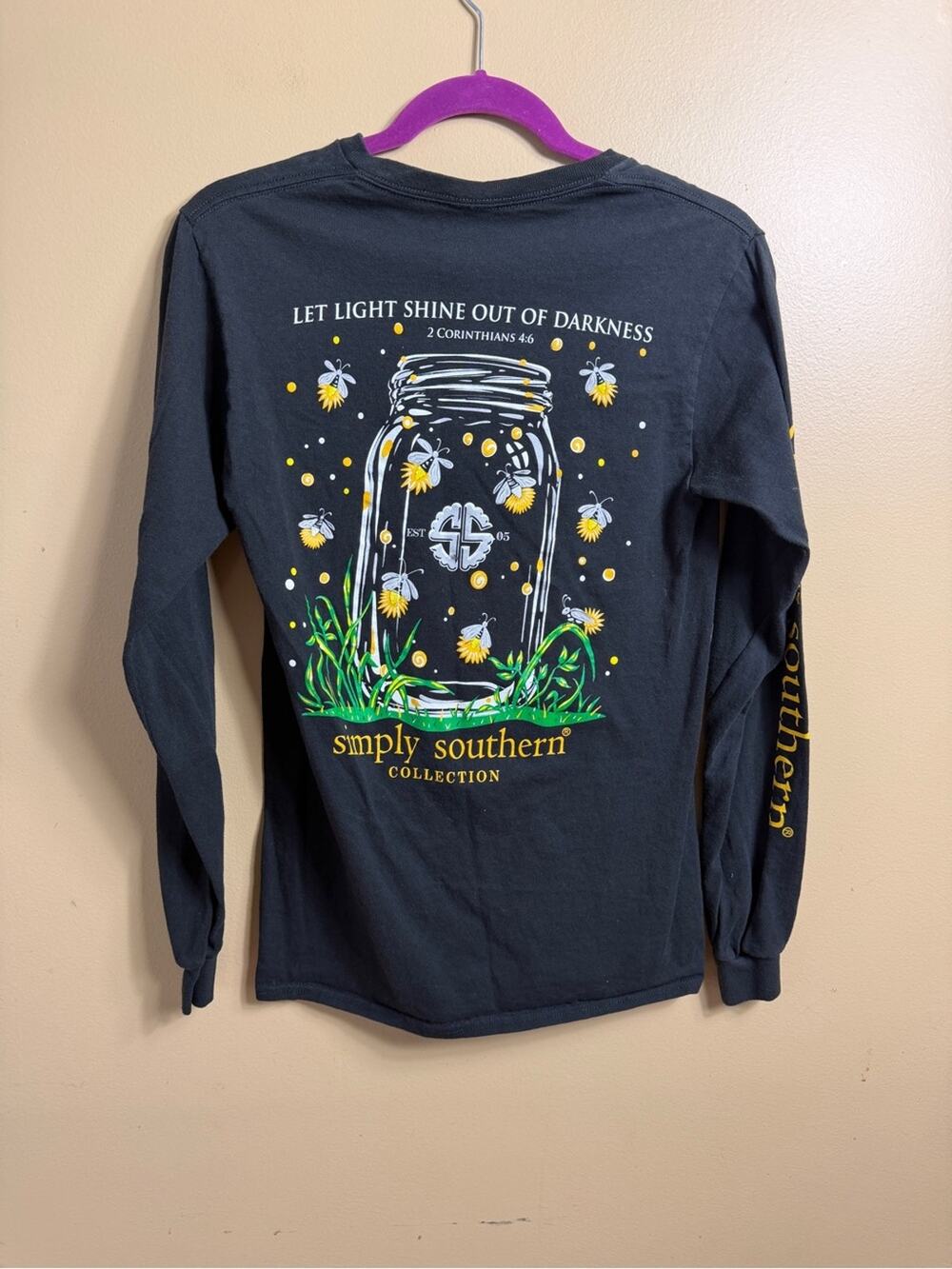 Simply southern long sleeve black T-shirt. Second Corinthians, small firefly